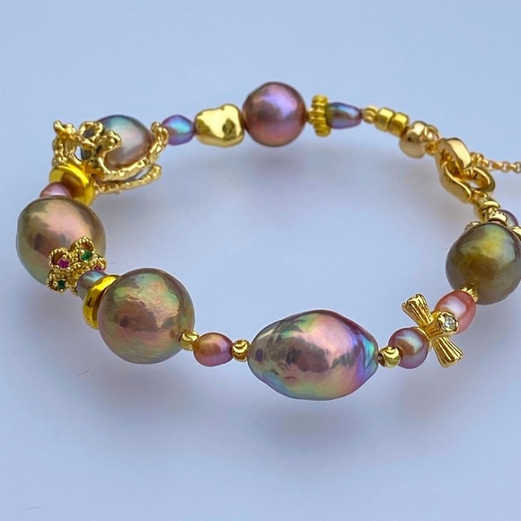 B50-Handmade High End Edison Pearl And Avocado Pearl Bracelet - Picture 4 of 8